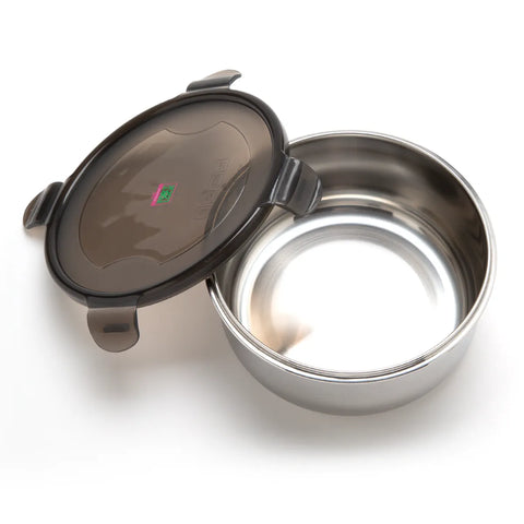 Stainless steel food container with lid on a white background