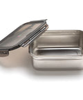 Stainless steel food container with a black lid on a white background