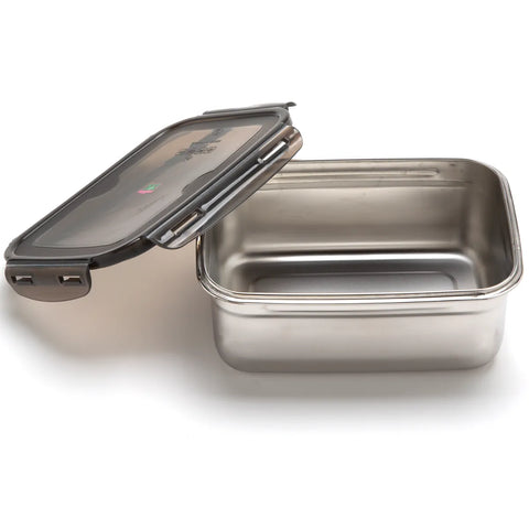 Stainless steel food container with a black lid on a white background