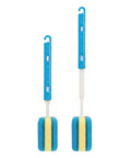 Two blue and yellow adjustable cleaning brushes with white handles and blue hook-shaped handles, shown on a plain white background.