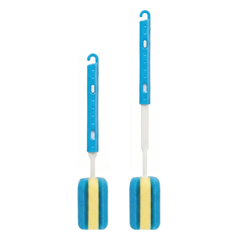 Two blue and yellow adjustable cleaning brushes with white handles and blue hook-shaped handles, shown on a plain white background.