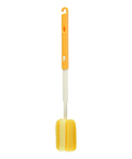 A yellow and white cleaning brush with a long handle and a hook at the top, shown against a plain white background.