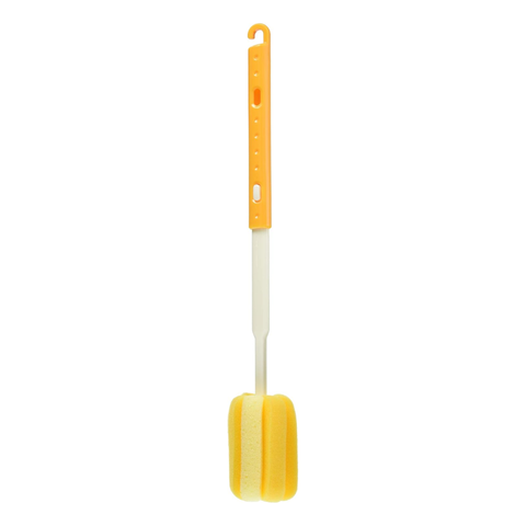 A yellow and white cleaning brush with a long handle and a hook at the top, shown against a plain white background.
