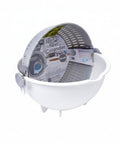 A small Spin Wheel Colander in white plastic, shown with its gray inner draining basket and printed product label attached.