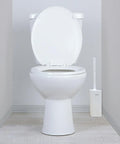A white ceramic toilet with the lid open, shown in a clean bathroom setting with a matching white toilet brush holder on the right.