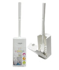 A white plastic toilet brush and holder set shown on a plain white background, with the product box standing upright on the left and the brush inserted into the holder on the right. The box displays the brand name 'cawork' and product details in English and Japanese.
