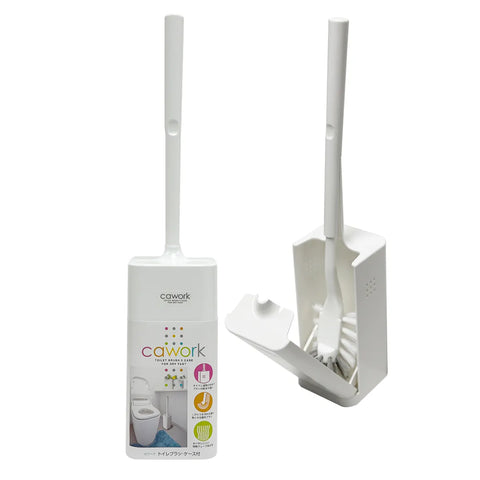 A white plastic toilet brush and holder set shown on a plain white background, with the product box standing upright on the left and the brush inserted into the holder on the right. The box displays the brand name 'cawork' and product details in English and Japanese.