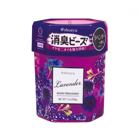 A hexagonal container of Shosyu Lavender Room Freshener, featuring a purple and magenta floral design with lavender illustrations and a white label in the center.