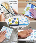 A 4-panel collage showing reusable cloth wipes being used by hands for wiping tableware, wiping tables, drying a sink, and general cleaning. The wipes have a white base with blue and green leaf or cloud-like patterns and dark blue stitched edges.