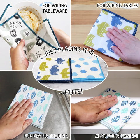 A 4-panel collage showing reusable cloth wipes being used by hands for wiping tableware, wiping tables, drying a sink, and general cleaning. The wipes have a white base with blue and green leaf or cloud-like patterns and dark blue stitched edges.