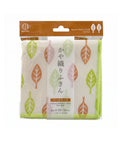 A packaged Kayosi kitchen cloth set with a leaf pattern on a white background. The set includes two green fringed kitchen cloths and two pink fringed kitchen cloths, wrapped in clear plastic with a brown cardboard header.