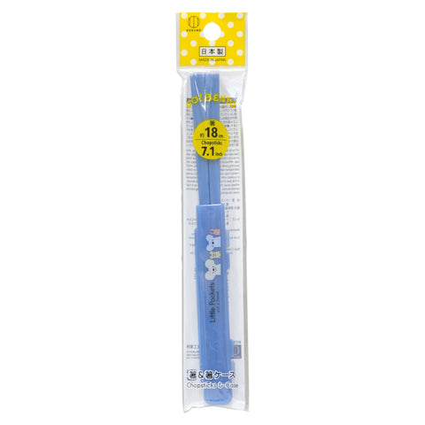 A packaged pair of blue chopsticks with cartoon character graphics, sealed in a clear plastic sleeve with a yellow header card.