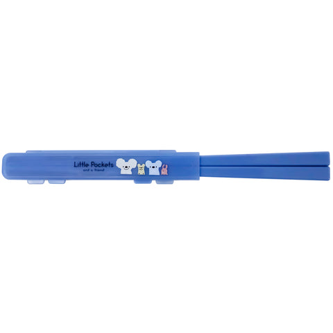 A blue plastic chopsticks holder with chopsticks with 'Little Pockets' text and cartoon characters printed on the side, shown horizontally against a plain white background.