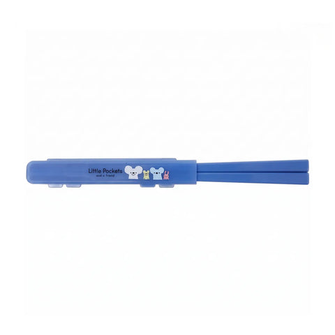 A blue plastic chopstick holder with two chopsticks inserted, featuring the 'Little Pocket' brand name and cartoon bear illustrations on a plain white background.