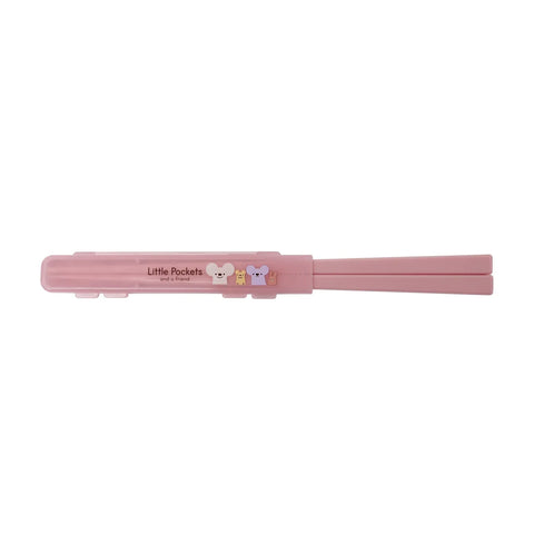 A pair of pink chopsticks in a plastic case placed horizontally against a solid white background.