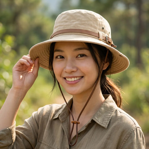 Woman wearing a beige hat and matching outfit outdoors