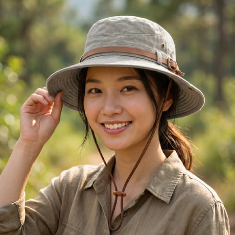 Woman wearing a wide-brimmed hat outdoors with a blurred natural background