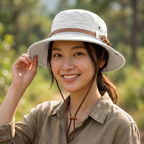 Woman wearing a light-colored bucket hat with a brown strap in an outdoor setting