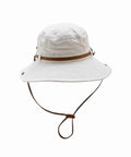 White bucket hat with brown strap on a white background