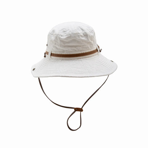 White bucket hat with brown strap on a white background