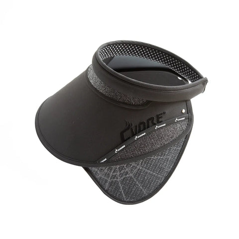 Black visor with mesh design on a white background