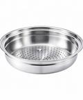 A stainless steel steamer insert with a perforated bottom, shown on a clean white background.