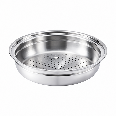 A stainless steel steamer insert with a perforated bottom, shown on a clean white background.