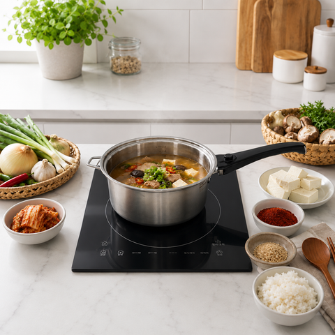 Stovetop with a pot of soup on a kitchen counter with ingredients around