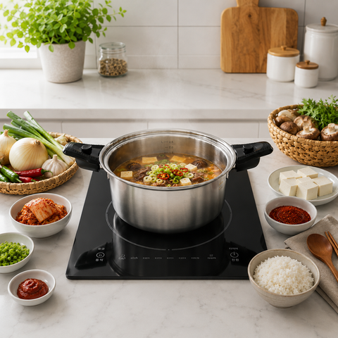 Stovetop with a pot of soup on a kitchen counter with ingredients around