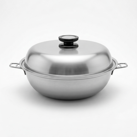 A stainless steel wok with a matching lid and side handles, photographed on a clean white background.