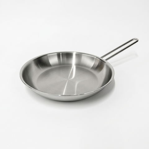 A stainless steel frying pan with a long handle, shown on a clean white background.