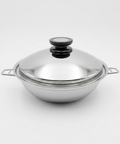 A stainless steel stockpot with a matching lid, featuring side handles and a black knob on a light gray background.