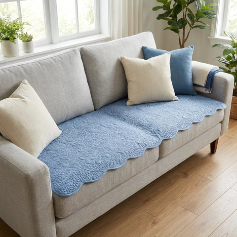 Gray sofa with a blue couch pad and pillows in a bright living room.