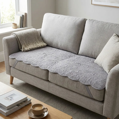 Gray sofa with a textured gray couch pad in a living room setting.