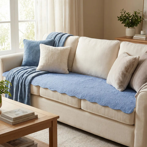 Beige sofa with blue couch pad and pillows in a living room setting.