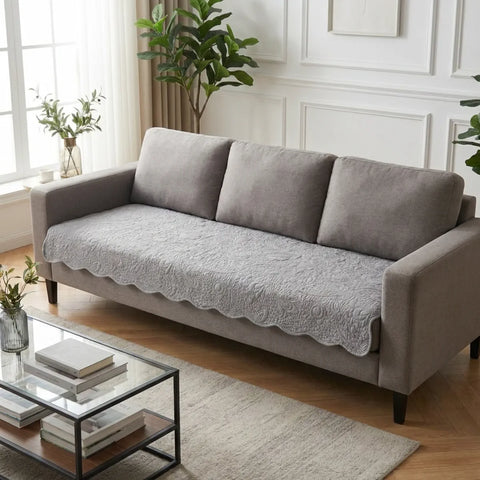 Gray sofa with a textured cover in a living room setting