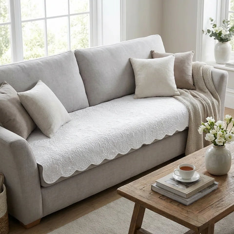 Light gray sofa with white couch pad and decorative pillows and a blanket in a bright living room.
