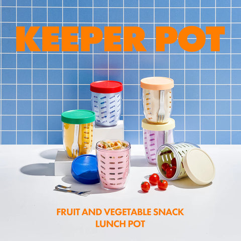 Colorful 'KEEPER POT' containers on a blue tiled background with text indicating they are for fruit and vegetable snacks.