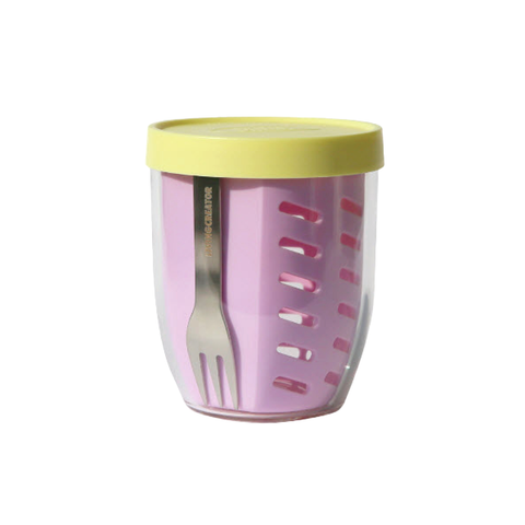 Pink tumbler with a yellow lid on a white background