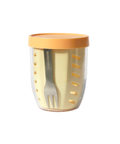 Clear tumbler with orange lid and handle, featuring a fork inside on a white background.