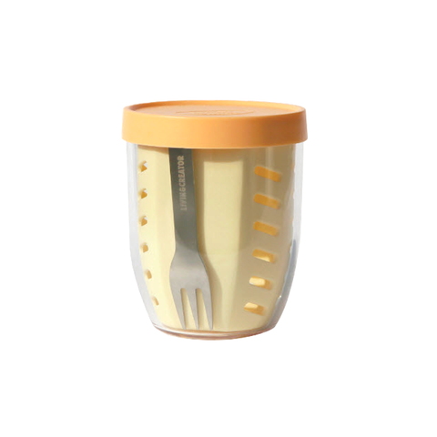 Clear tumbler with orange lid and handle, featuring a fork inside on a white background.