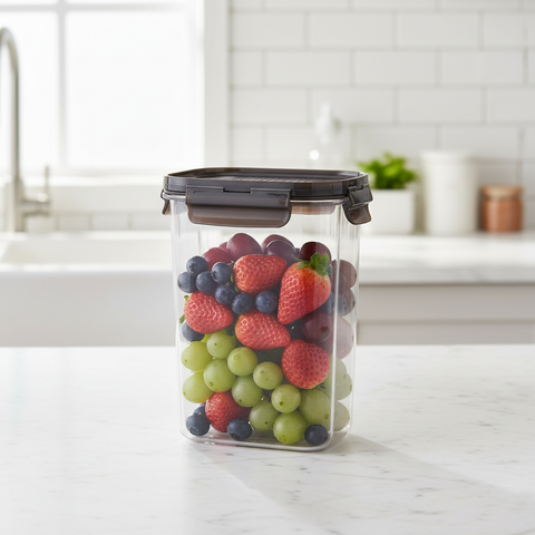 Clear container with fruits on a kitchen counter