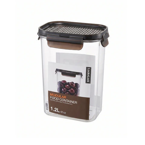Clear food container with brown lid on a white background