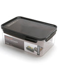 Modular food container with black lid on a white background