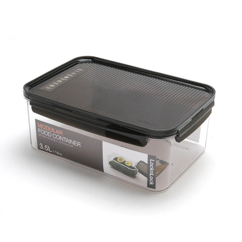 Modular food container with black lid on a white background