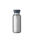 Silver water bottle with a dark gray cap on a white background