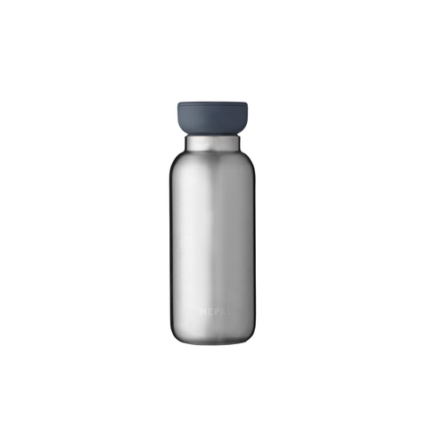 Silver water bottle with a dark gray cap on a white background