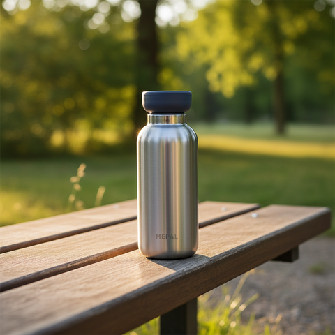 Metal water bottle with dark gray cap on a wooden bench in a park setting