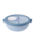 Blue plastic container with a divided design on a white background