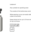 Stainless steel water bottle with features listed on a white background